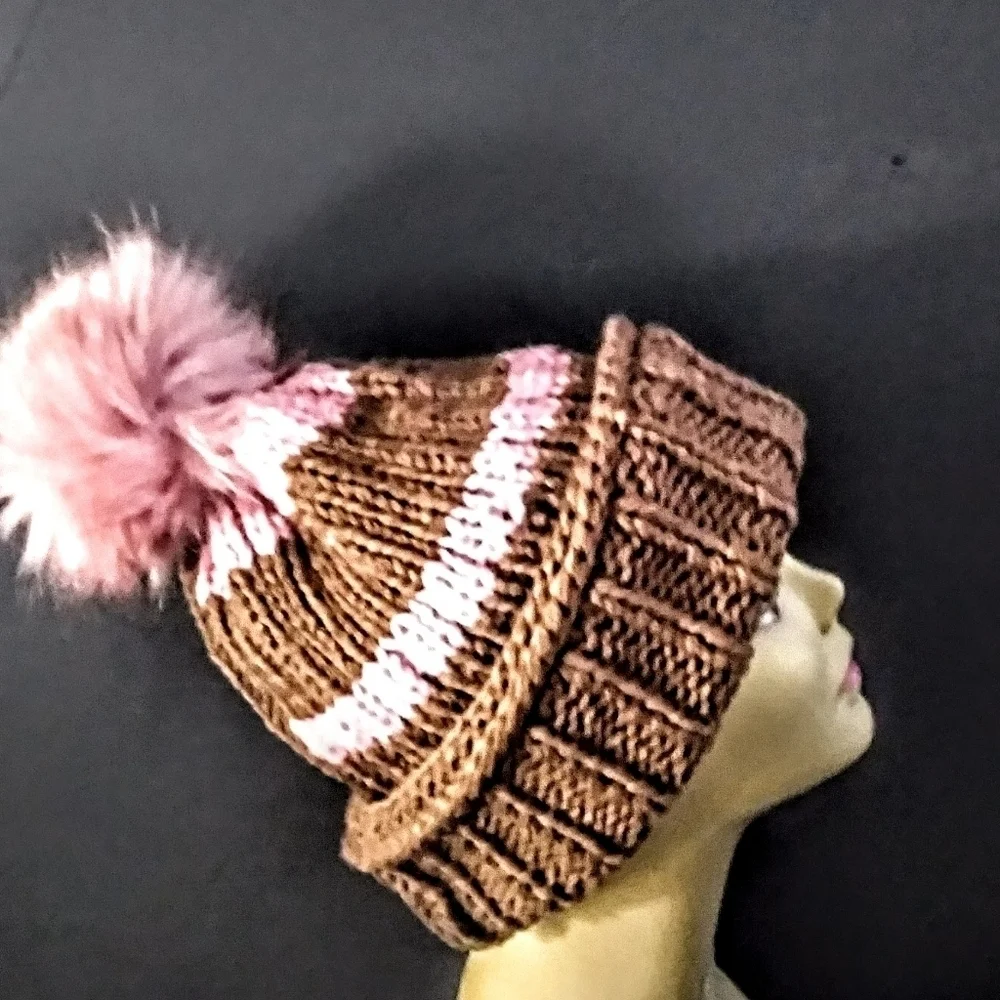 Versatile, Authentic Hand Knitted Beanies Accented With Faux Fur PomPom.